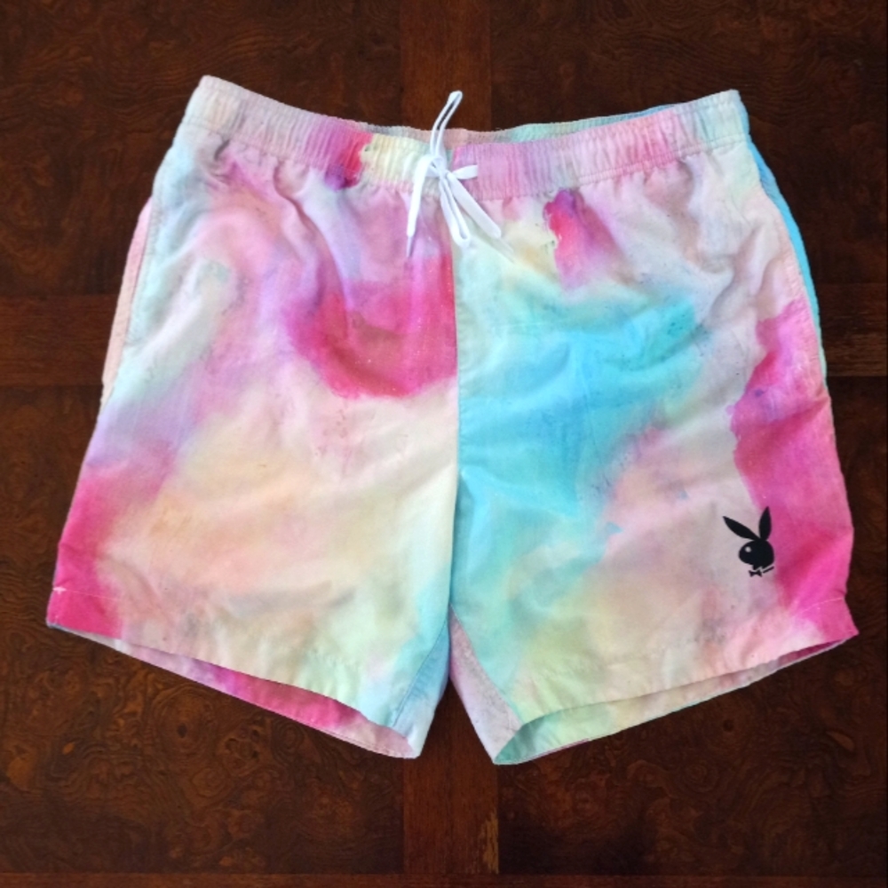 Playboy x Pacsun tie dye cotton candy psychedelic swim trunks size large likeNew